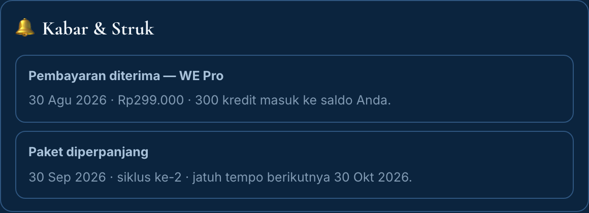 Kabar & Struk: bukti tiap pembayaran